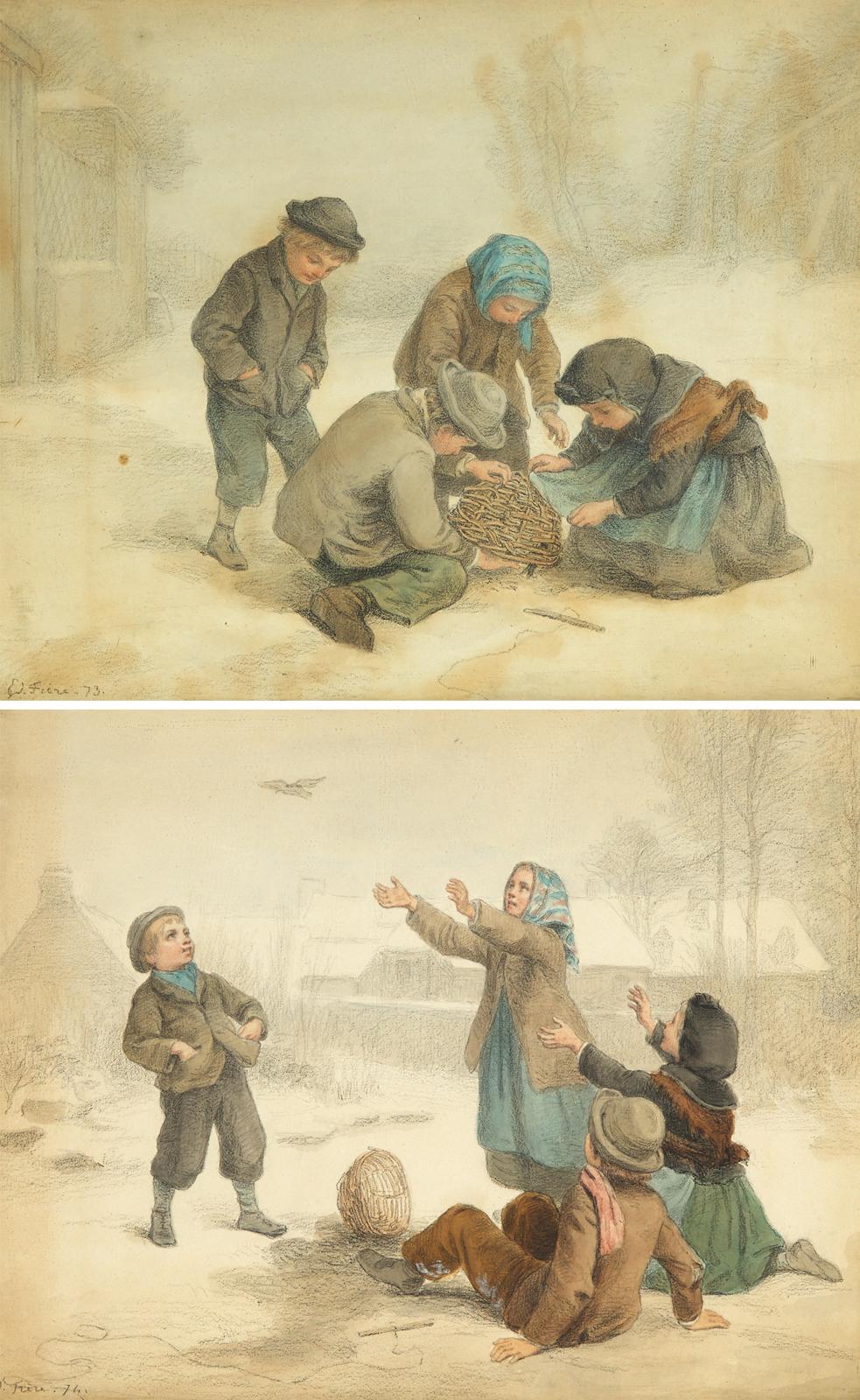 Pierre Edouard Frere (1819-1886) - Children With The Bird Basket; Setting It Free, 1873 And 1876 Respectively