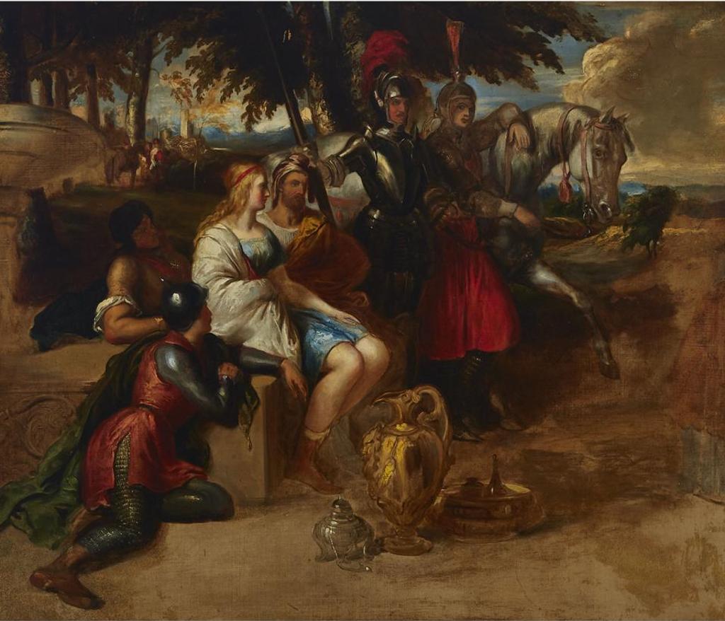Daniel Maclise (1806-1870) - Couple  Relating A Story To Soldiers With Biblical Relics Before Them In A Landscape With Roman Ruins, Circa 1840