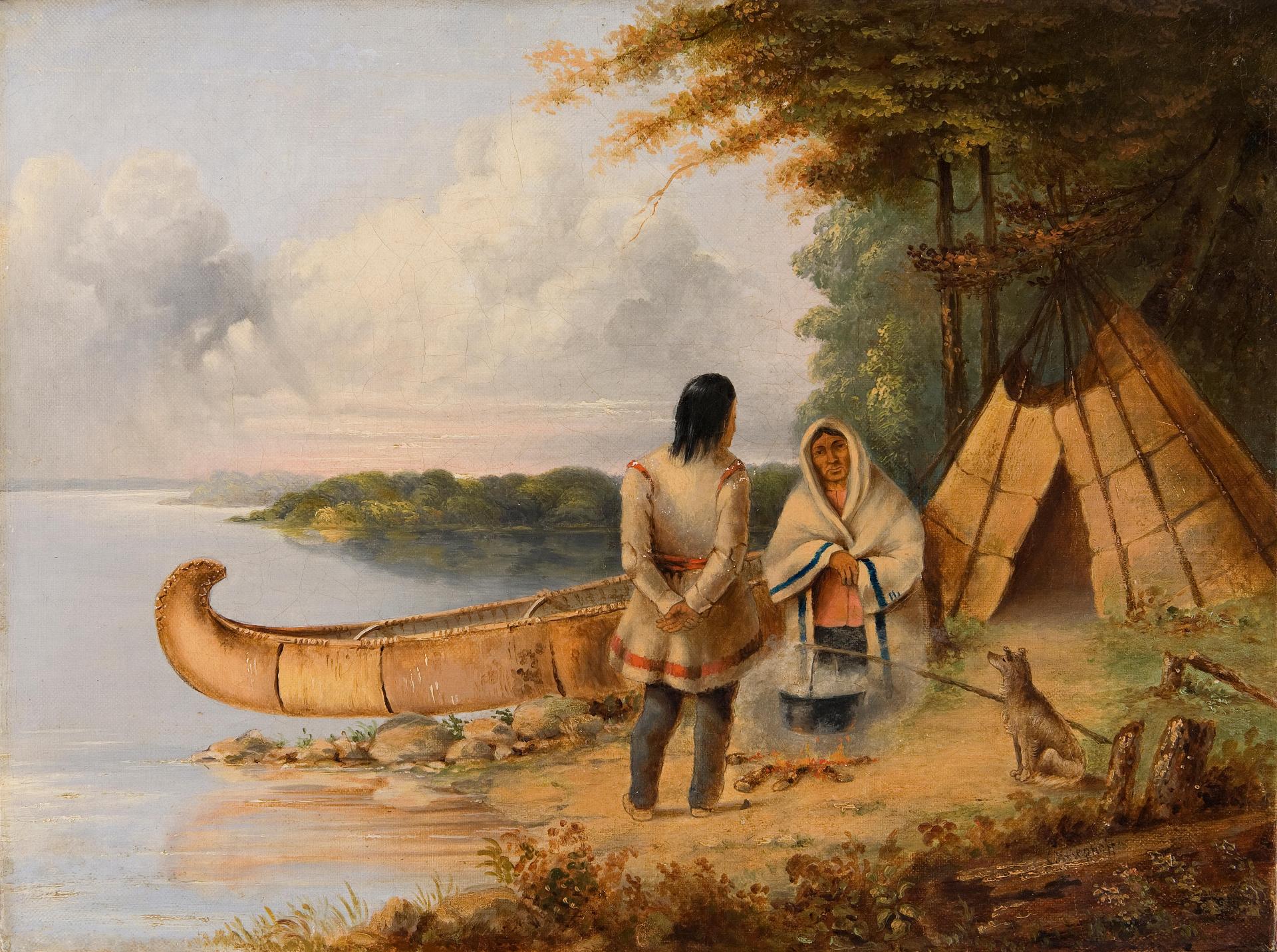 Cornelius David Krieghoff (1815-1872) - Indian Encampment with canoe, two figures and a dog