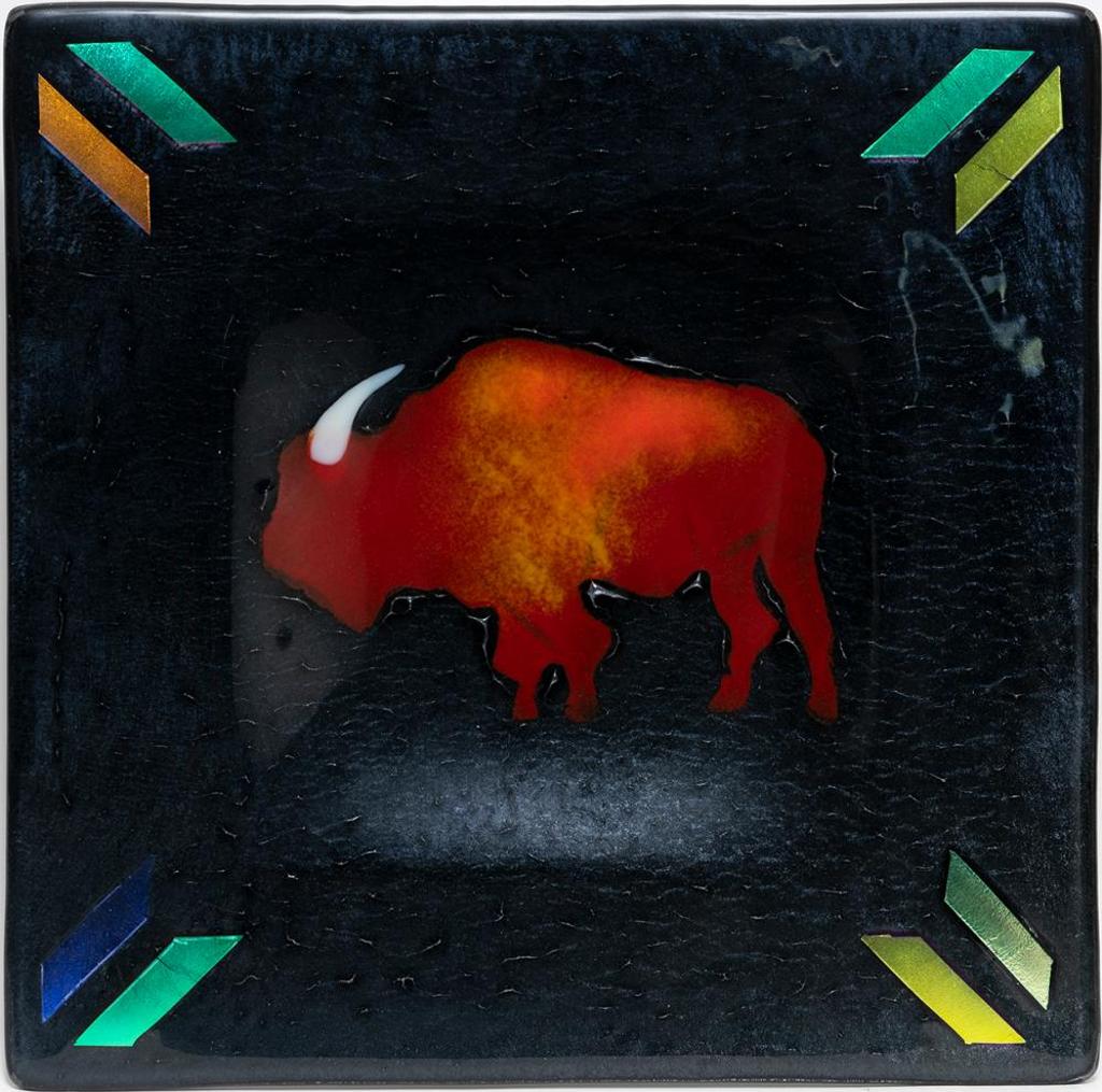 Fern Jordan - Red Buffalo on Silver-Black Iridescent Glass