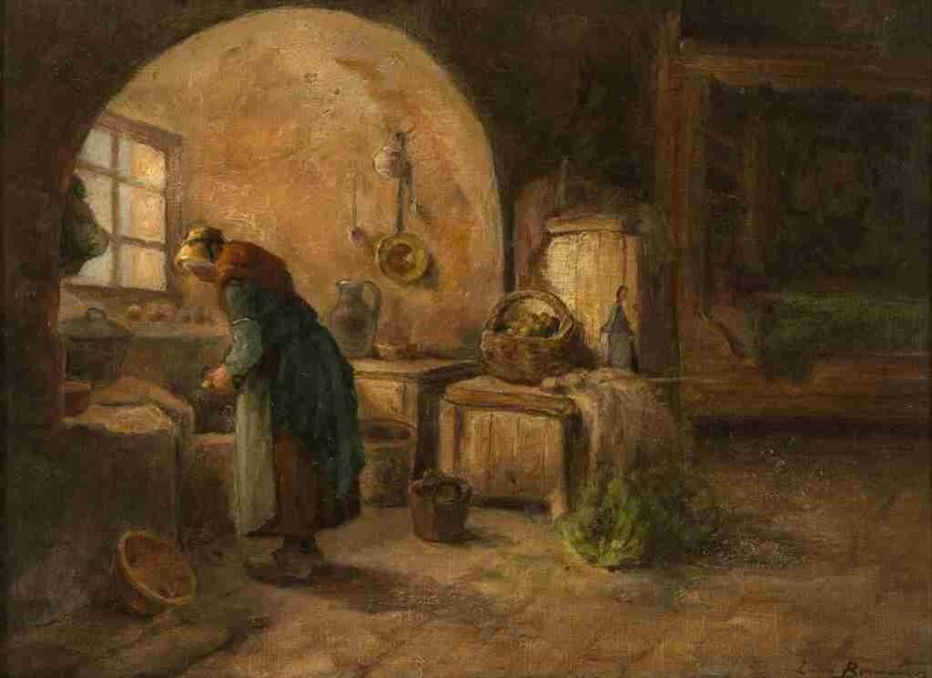 Louis Bonneton (1851-1933) - Untitled (Interior with Woman Preparing a Meal)