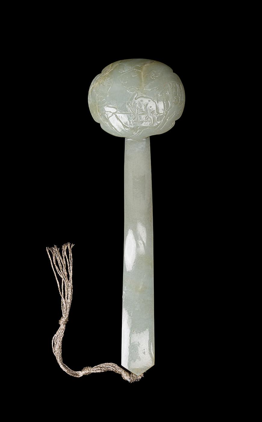 Chinese Art - A Chinese Greyish Celadon Jade Carved Ruyi Sceptre, 19th Century
