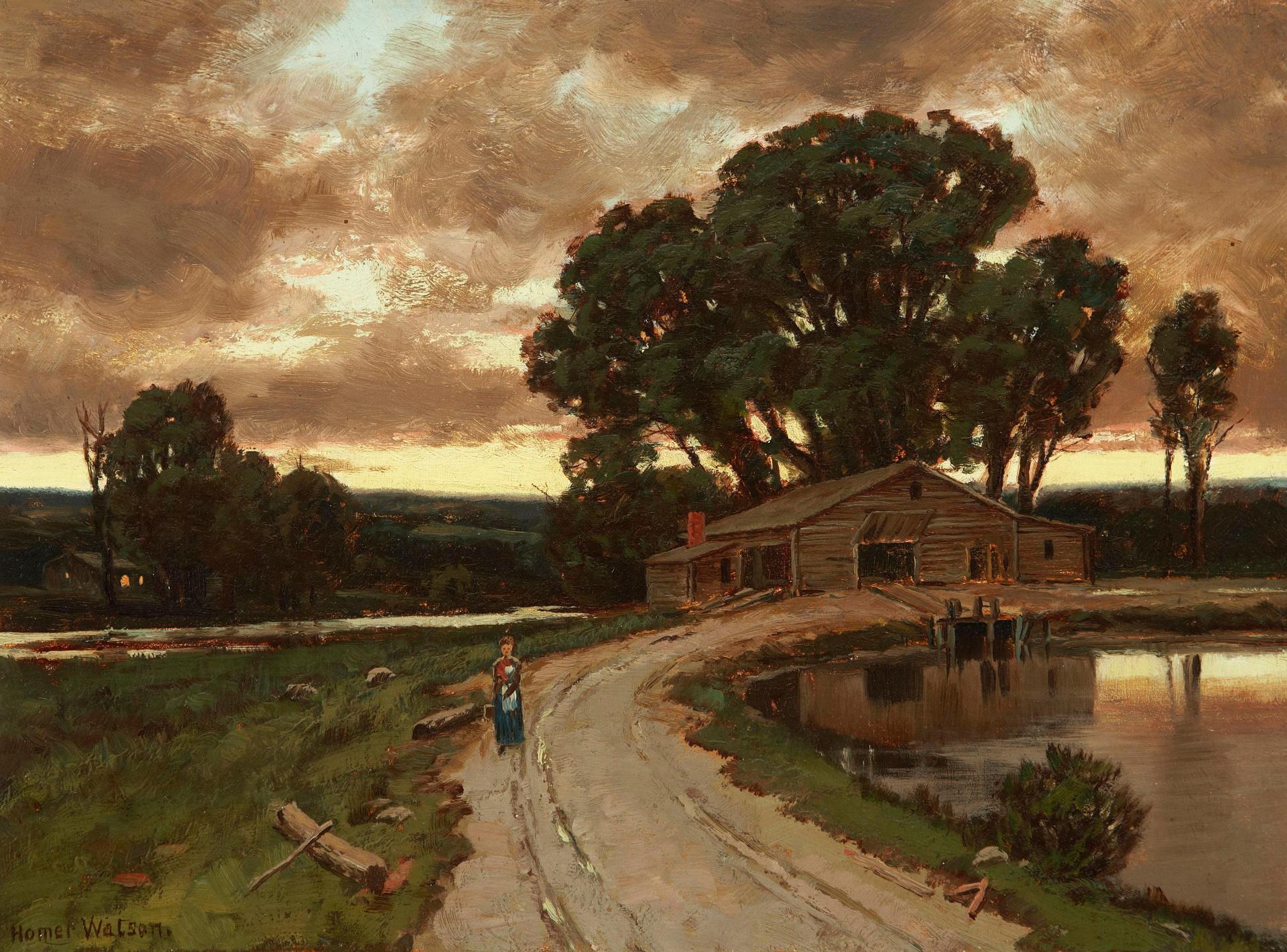 Homer Ransford Watson (1855-1936) - Figure on the road and farmhouse at sunset