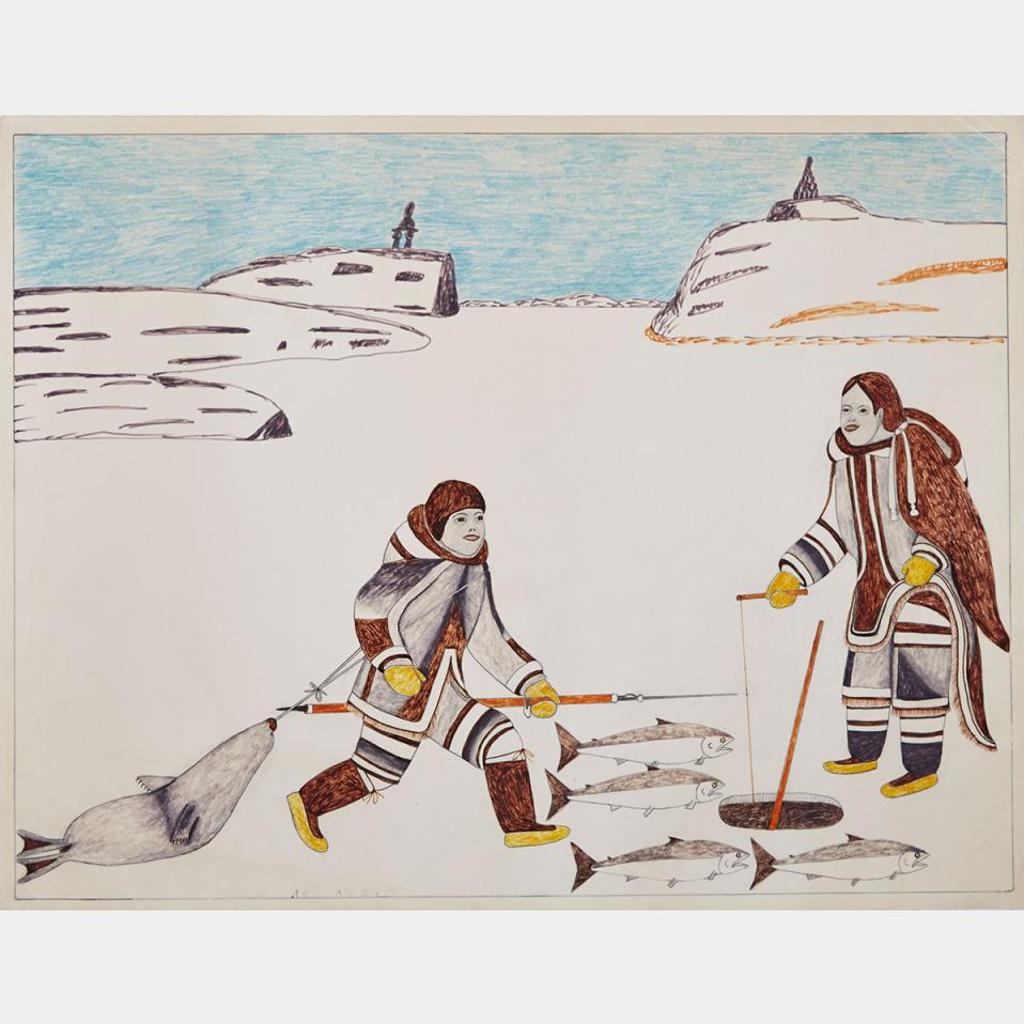 Peter Pitseolak (1902-1973) - Untitled (Man With Seal And Woman Jigging For Fish)