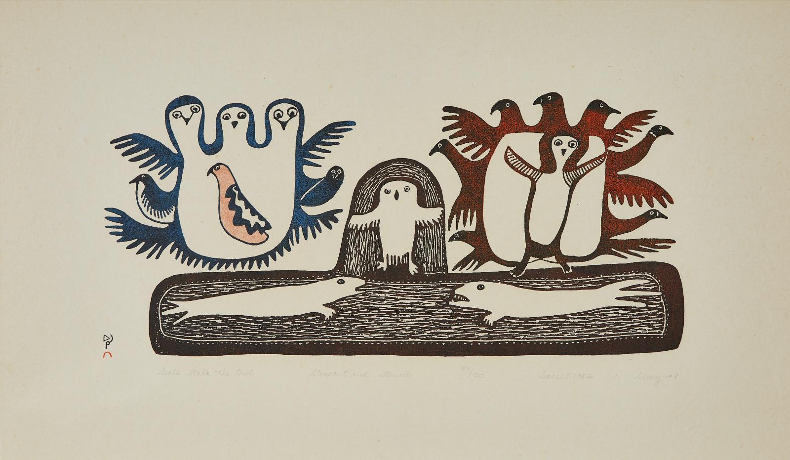 Lucy Qinnuayuak (1915-1982) - Seals Stalk The Owl