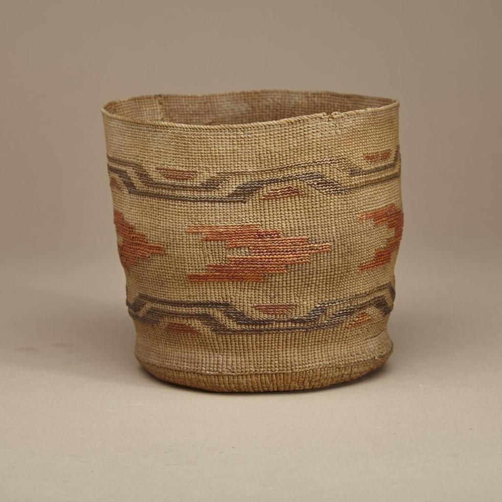 Tlingit - Open Twined Cylindrical Basket With Banded Geometric False Embroidery