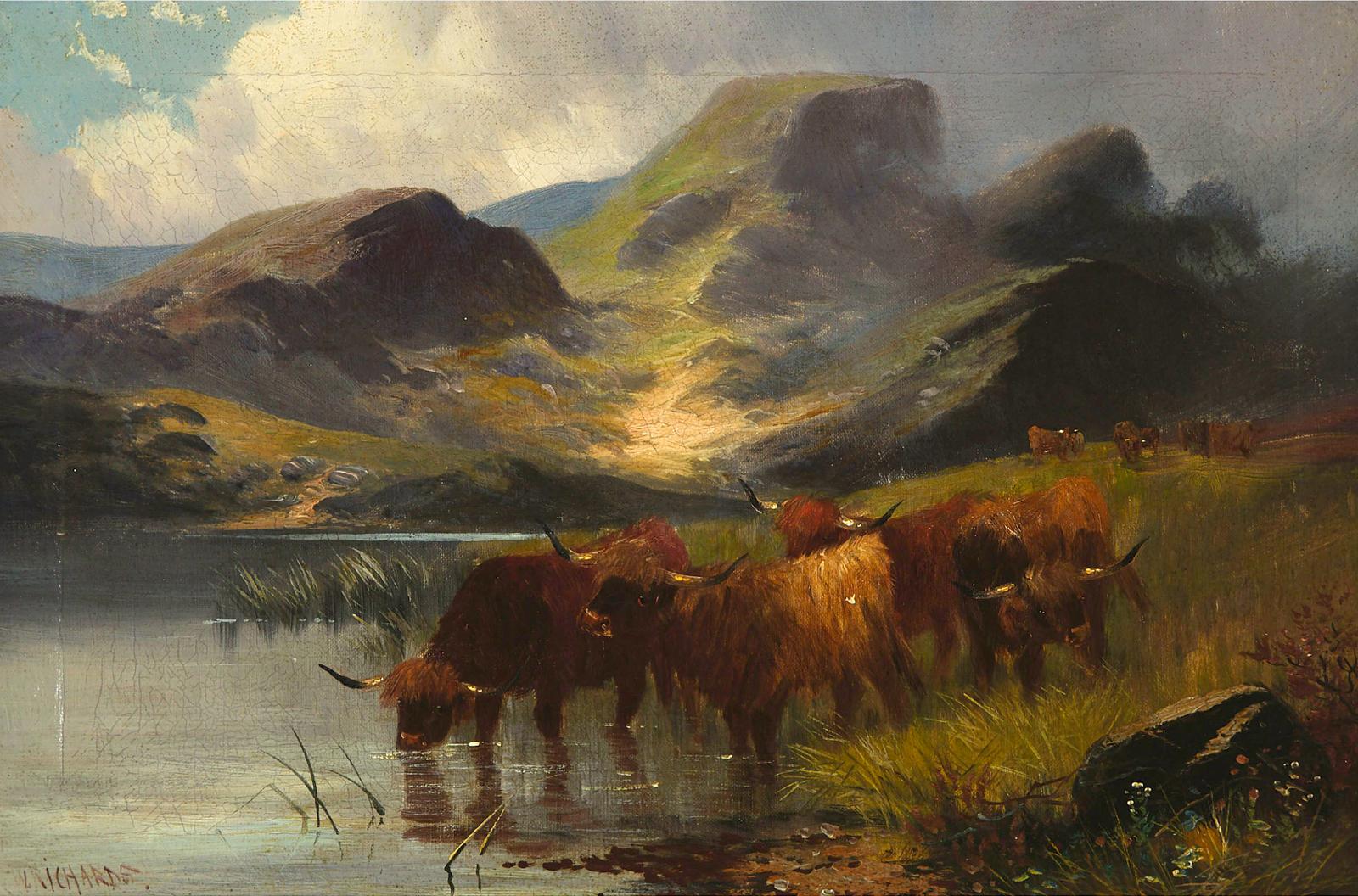 W. Richards (1895-1950) - Highland Cattle Drinking At A Pool