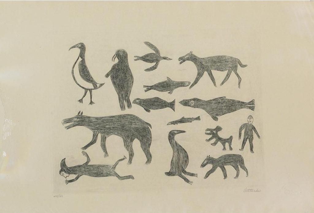 Ottochie Ashoona (1942-1970) - Untitled  (Man And Animals Of The Sea, Sky And Land)