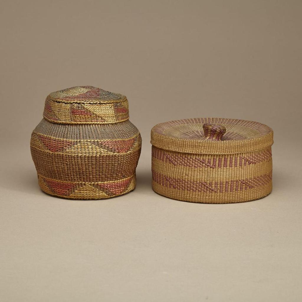 Tlingit - Woven Basket With Rattle-Top Lid And Decorated With Two Registers Of Woven Banded Geometric Design; Lidded Woven Basket Decorated With Pinwheel Motif On Lid And Banded Geometric Designs To Walls