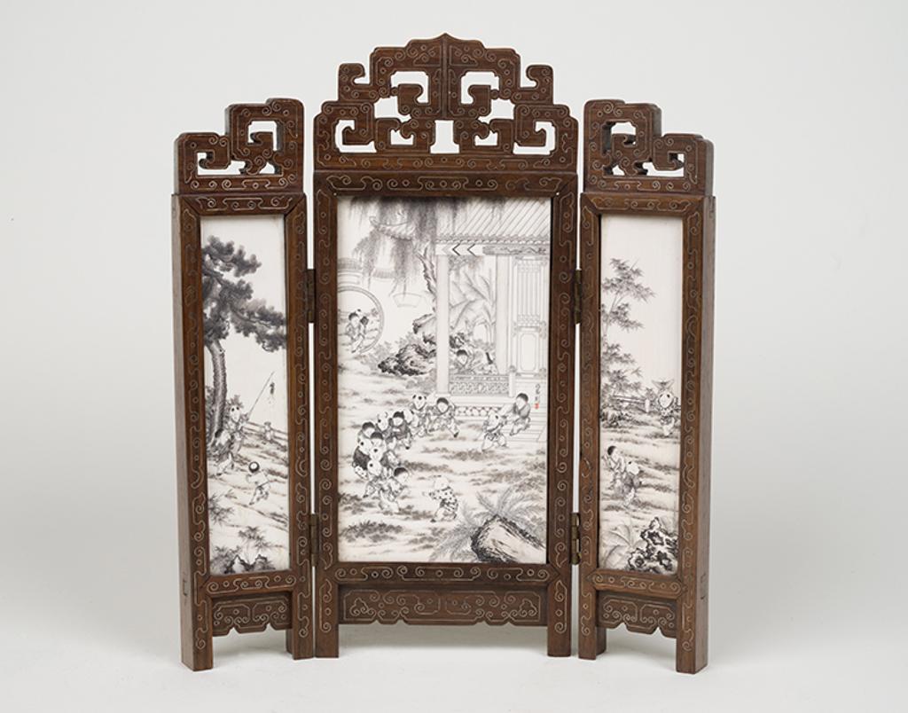 Chinese Art - A Finely Inscribed Chinese Three-Piece Ivory Table Screen, Mid 20th Century