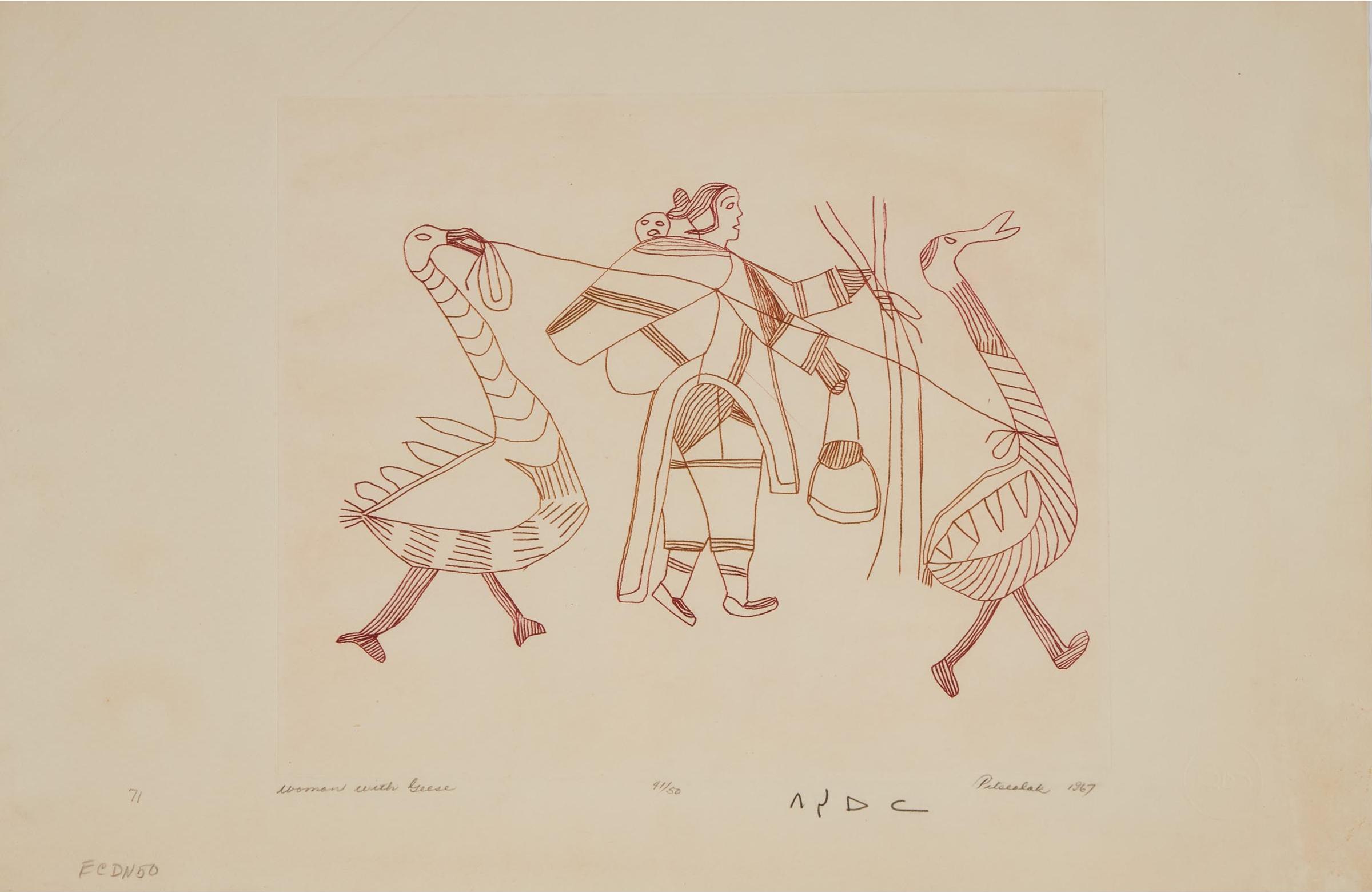 Pitseolak Ashoona (1904-1983) - Woman With Geese, 1967