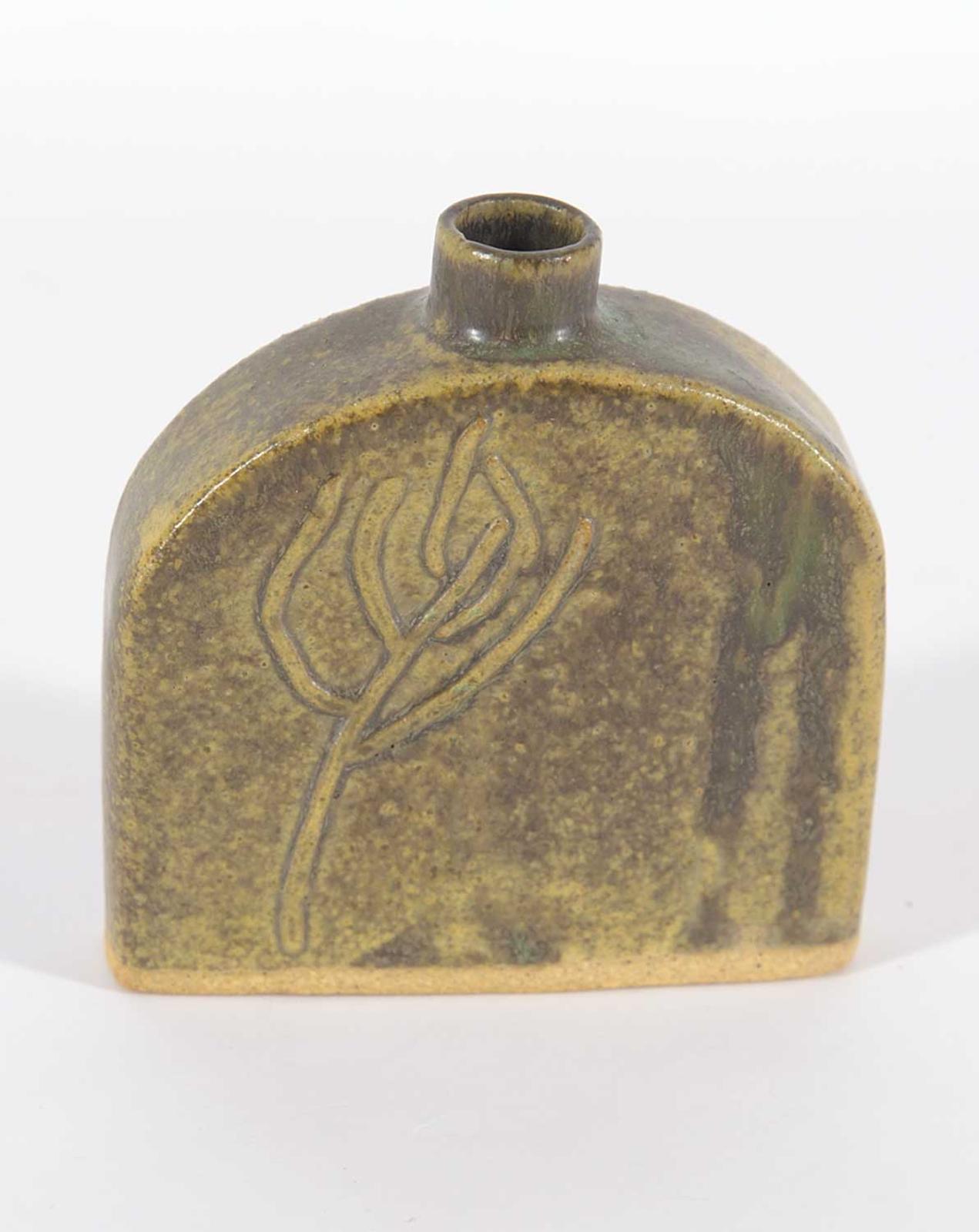 Kathleen Hamilton - Green and Brown Small Flask with Tree Designs