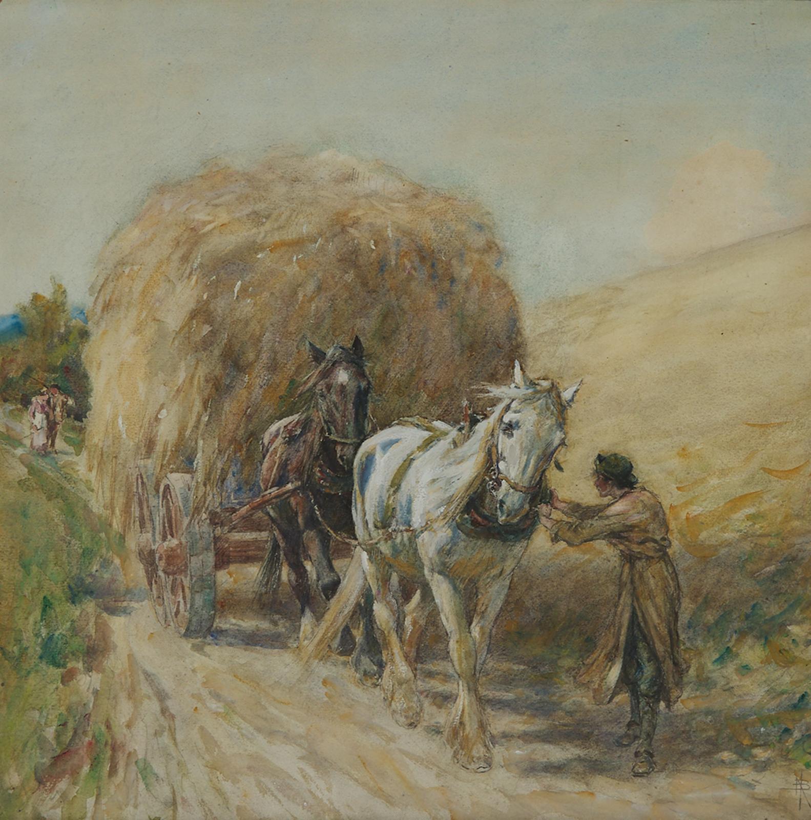 Nathaniel Hughes John Baird (1865-1936) - Horses With Haycart; Farmer Adjusting The Harness Of The Plough  Team