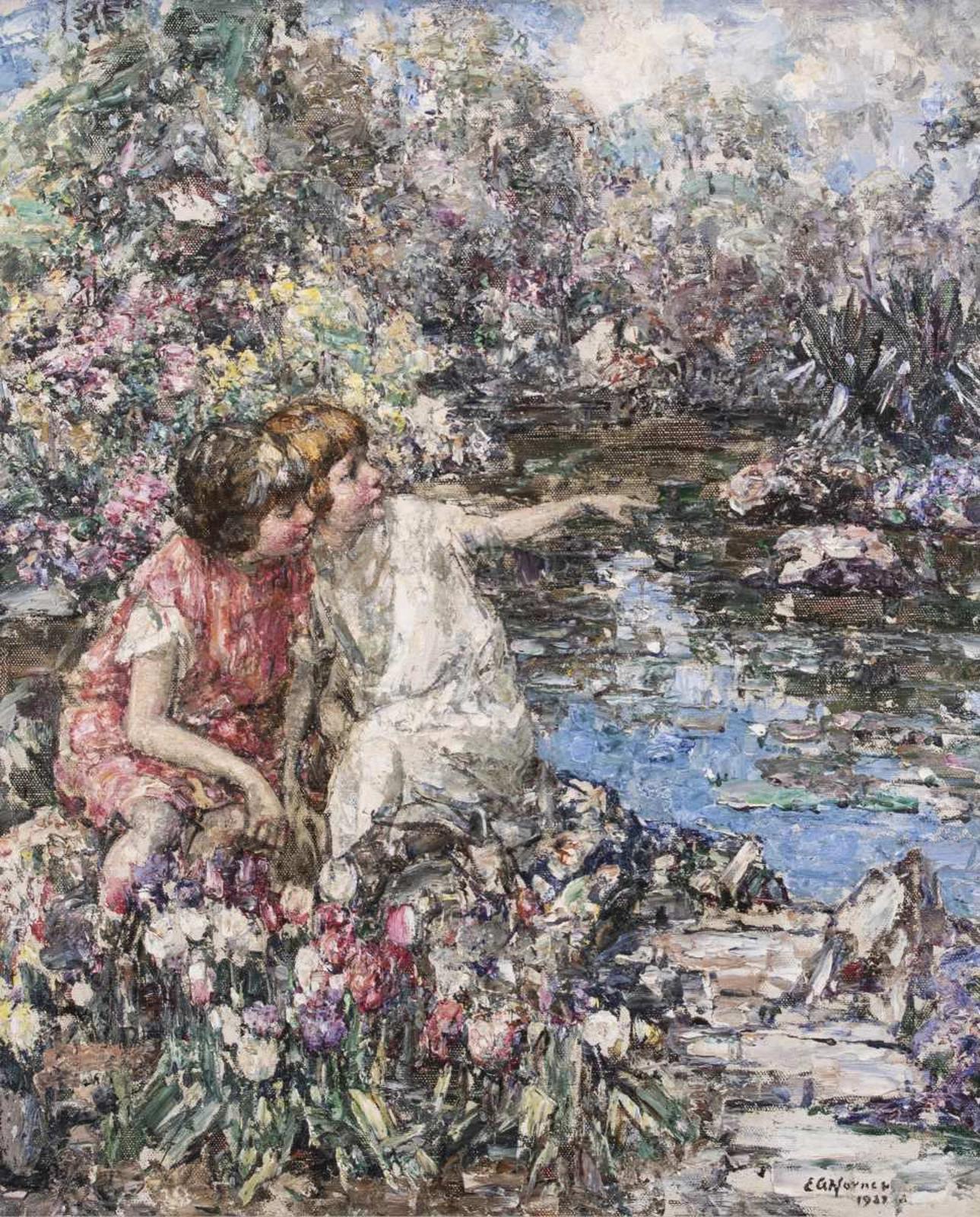 Edward Atkinson Hornel (1864-1933) - Two Girls Seated By Tulips And Overlooking A Lily Pond; 1927