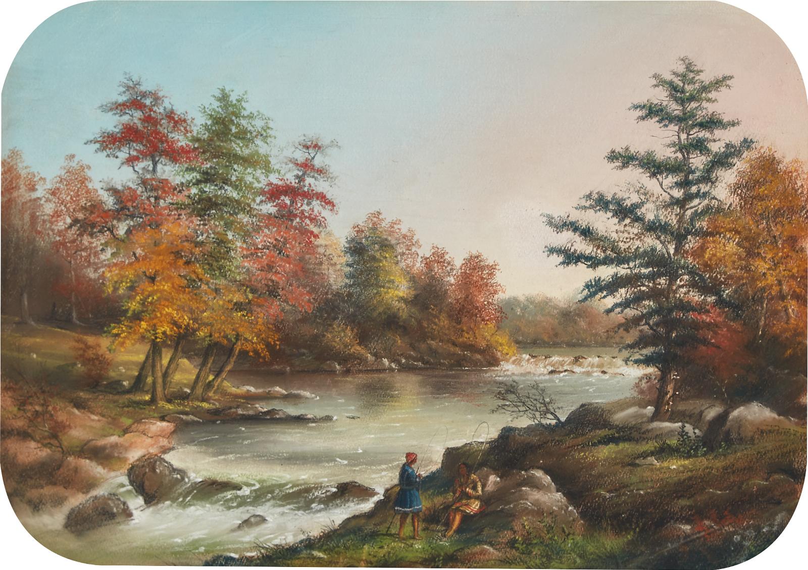 Alfred Worsley Holdstock (1820-1901) - Bonnechere River, With Two Figures Holding Fishing Nets At The Foot Of The Rapids