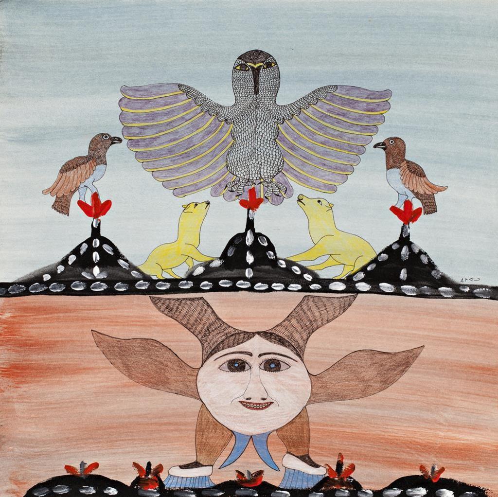 Egevadluq (Eegyvuldluk) Ragee (1920-1983) - Owl Spirits, c. 1981-82, acrylic and coloured pencil drawing