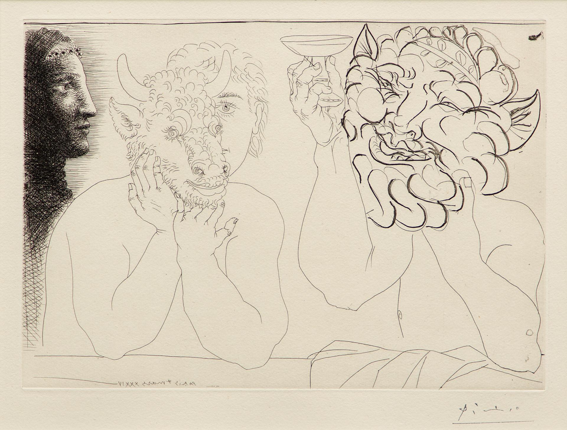 Pablo Ruiz Picasso (1881-1973) - Jeune homme au masque de taureau, faune et profil de femme, 1934-1942