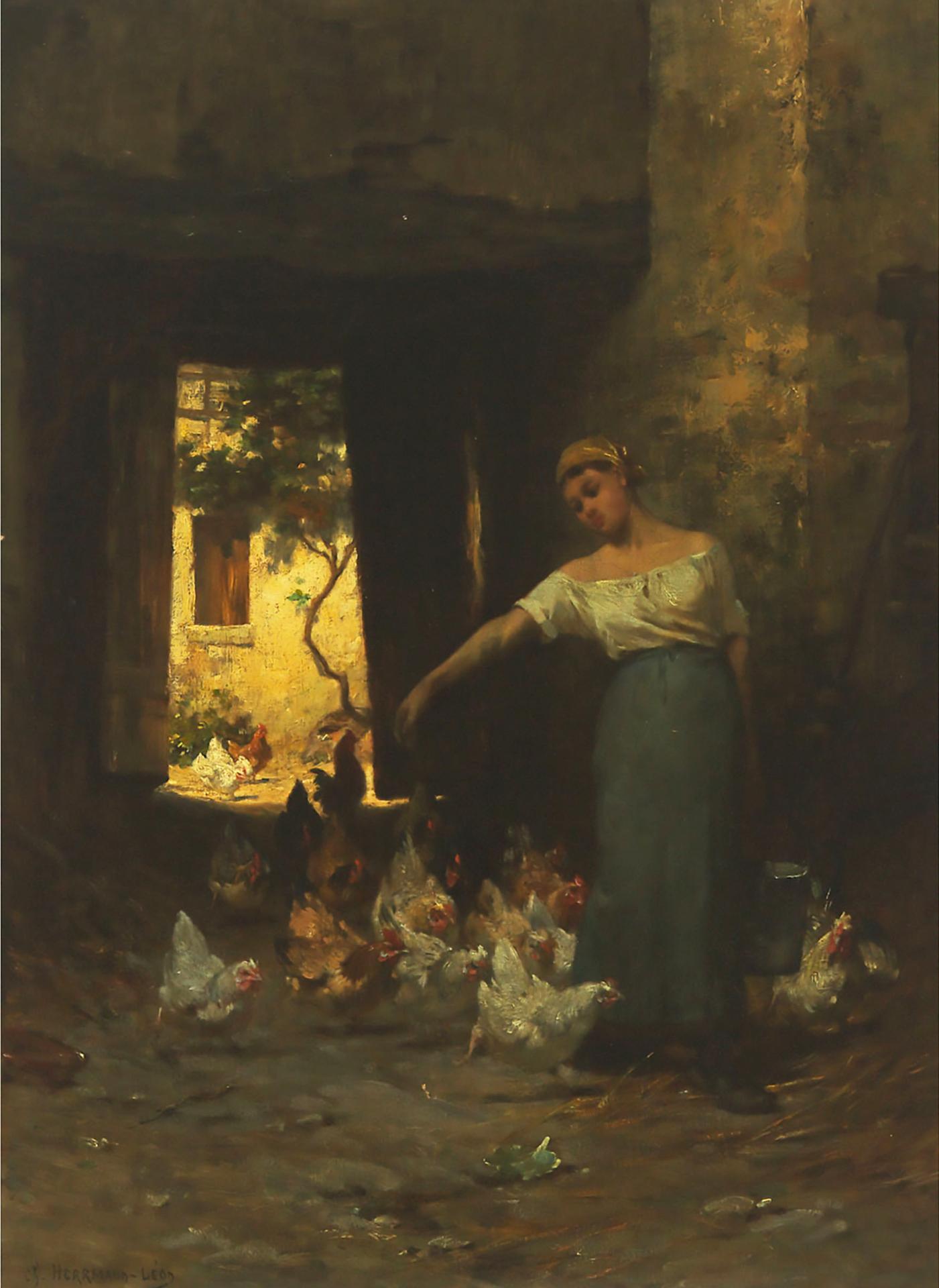 Charles Herrmann-Leon (1838-1908) - Woman Feeding Chickens