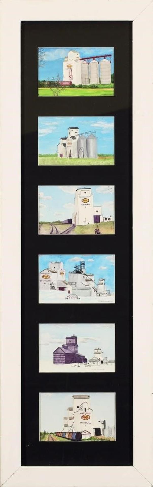 Vivian Wickwire - Untitled, Prairie Scenes with Grain Elevators (Canora, Kuroki, Wadena, Kelvington, Fosston, Archerwill)