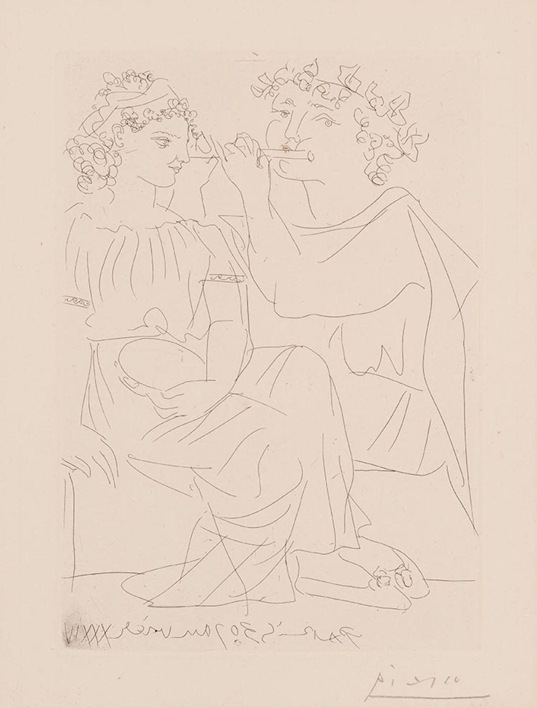 Pablo Ruiz Picasso (1881-1973) - Flûtiste et jeune Fille au Tambourin, from La Suite Vollard