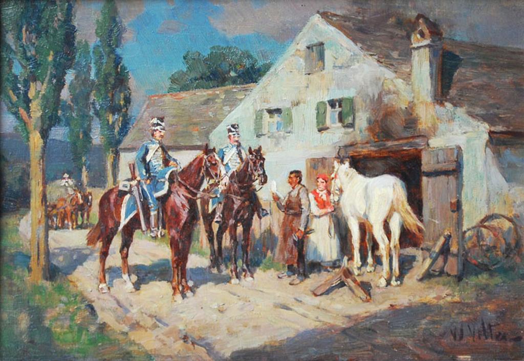 Wilhelm Velten (1847-1929) - Village Scene with soldiers on horseback