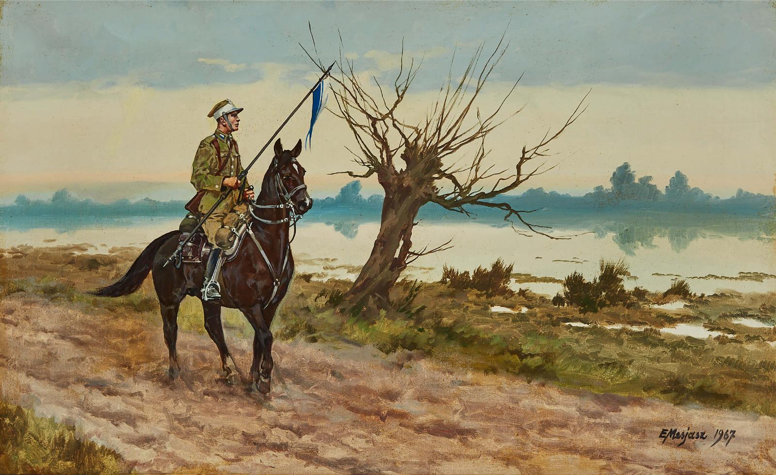 Edward Mesjasz (1929-2007) - Mounted Officer Holding A Regimental Flag