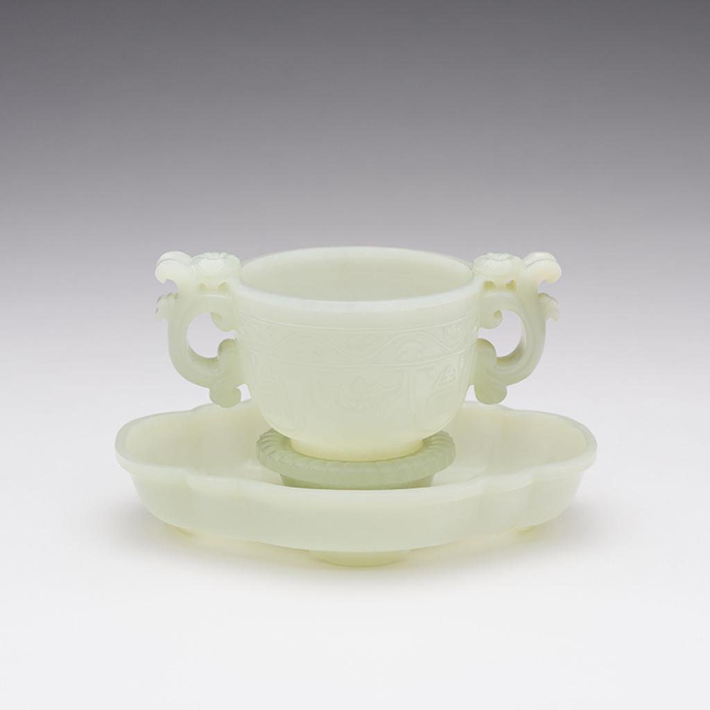 Chinese Art - A Pale Celadon Jade Cup and Stand, 20th Century