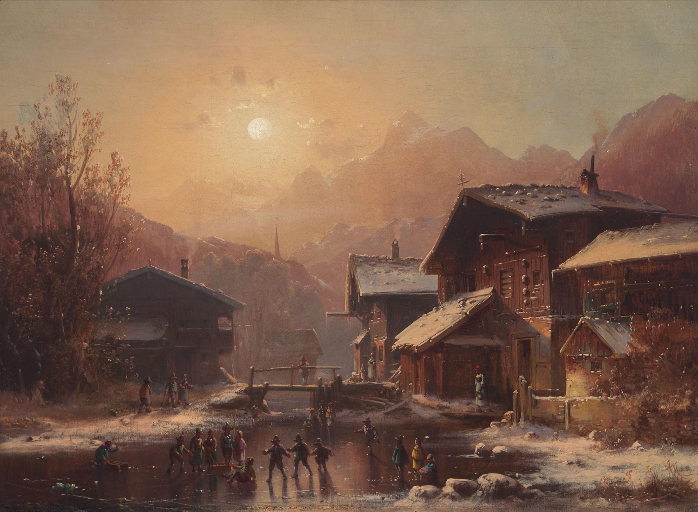 Anton Doll (1826-1887) - Winter Village Scene