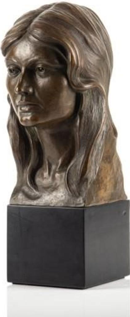 Richard Robertson (1942) - Bronze female bust entitled Portrait of a Girl Named Clair. On black stone veneered plinth. Inscribed with artist name and date, 