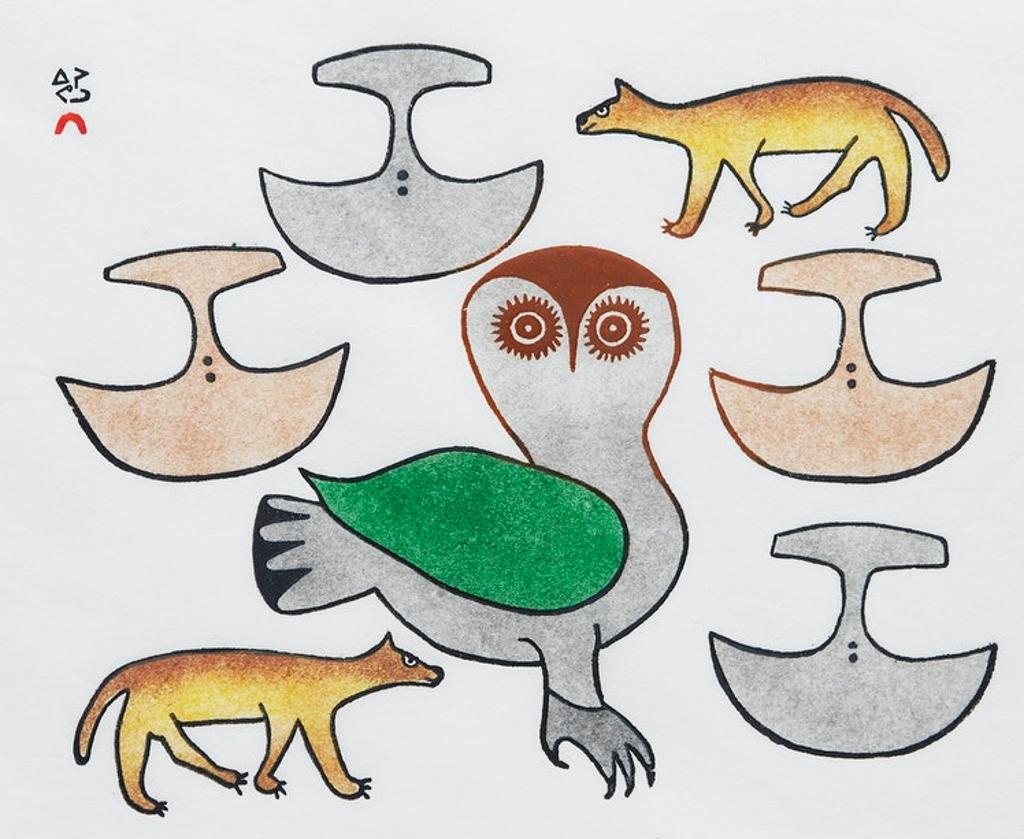 Ningeeuga Oshuitoq (1918-1980) - Owl and Wolves with Ulus; Five Faces