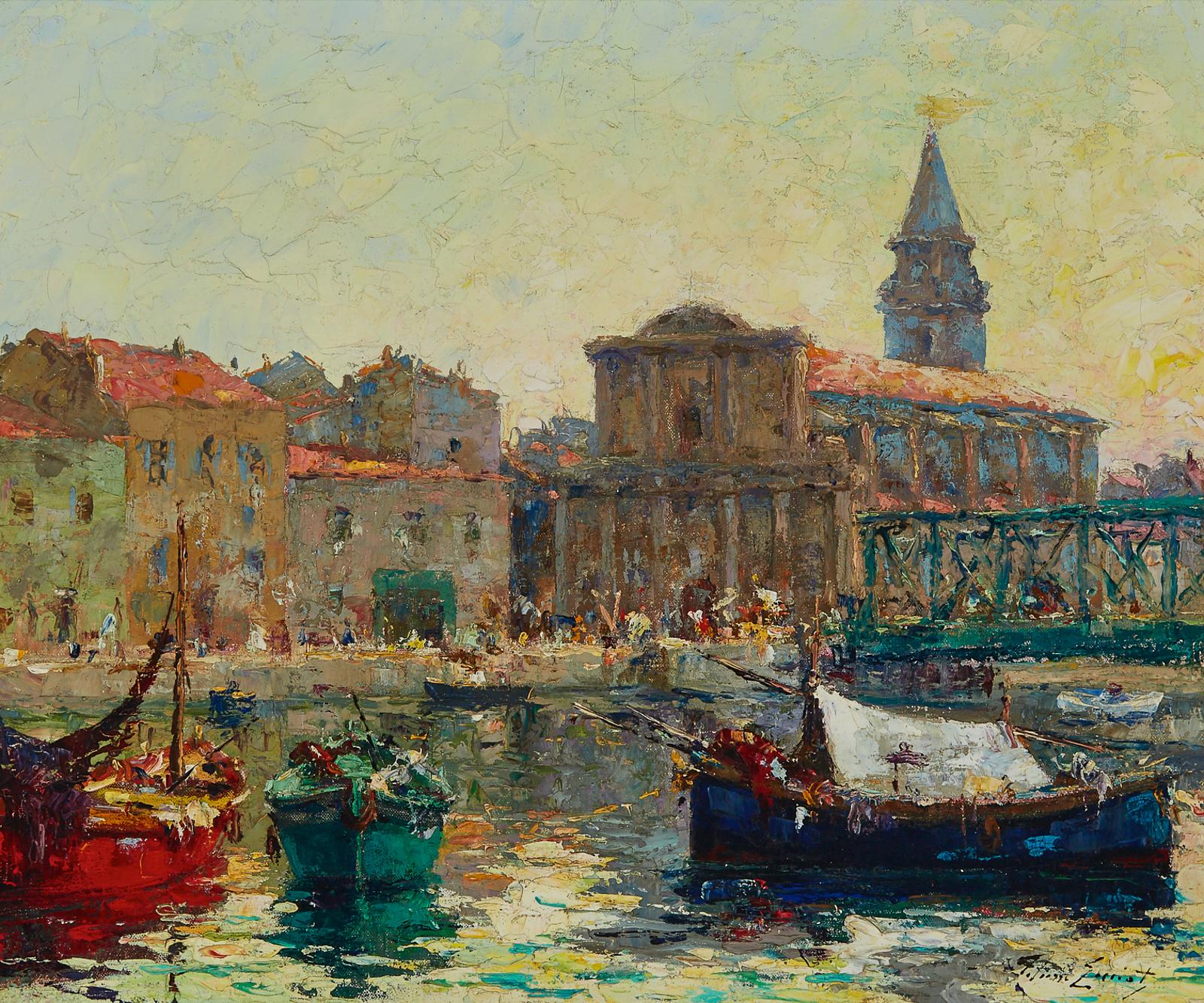 Pierre-Paul Emiot (1887-1950) - Busy Harbour With Boats