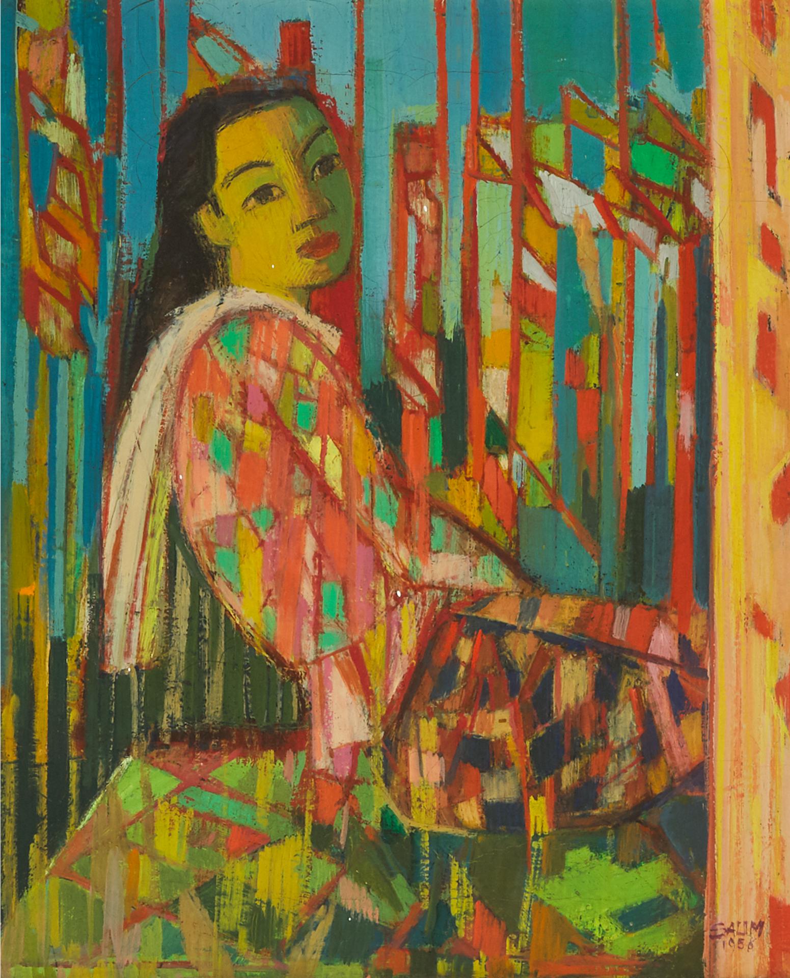 Sarochim Salim - Seated Woman In Multicolored Coat, 1958