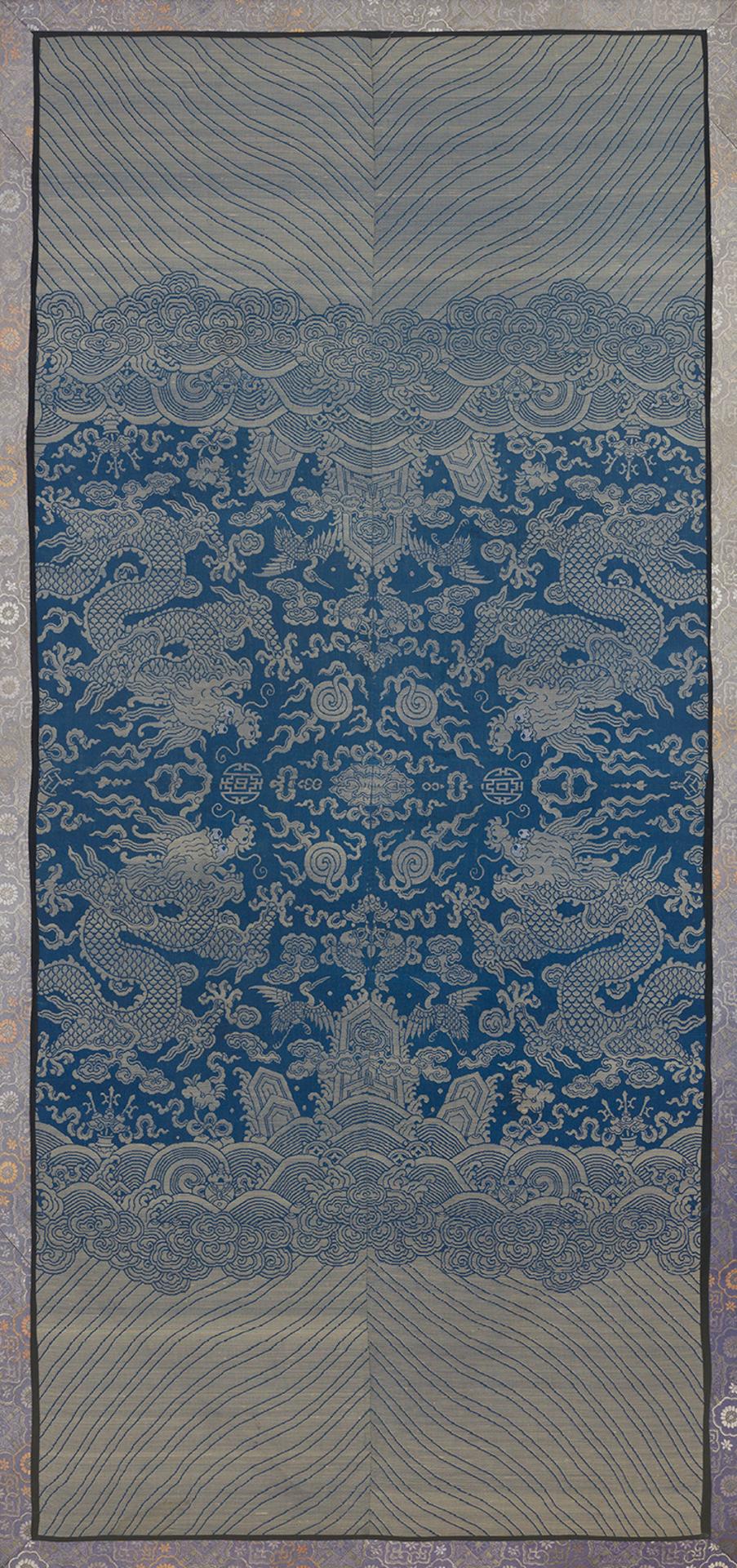 Chinese Art - Chinese Embroidered Silk Blue Ground Dragon Panel, 19th Century