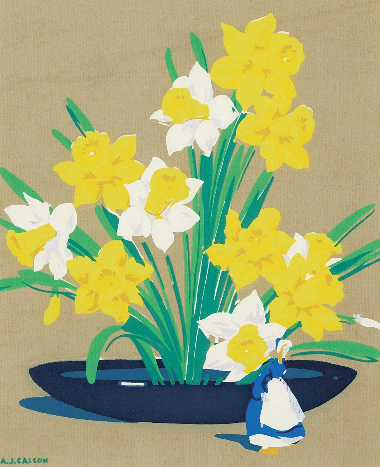 Alfred Joseph (A.J.) Casson (1898-1992) - Daffodils with Delph Figure