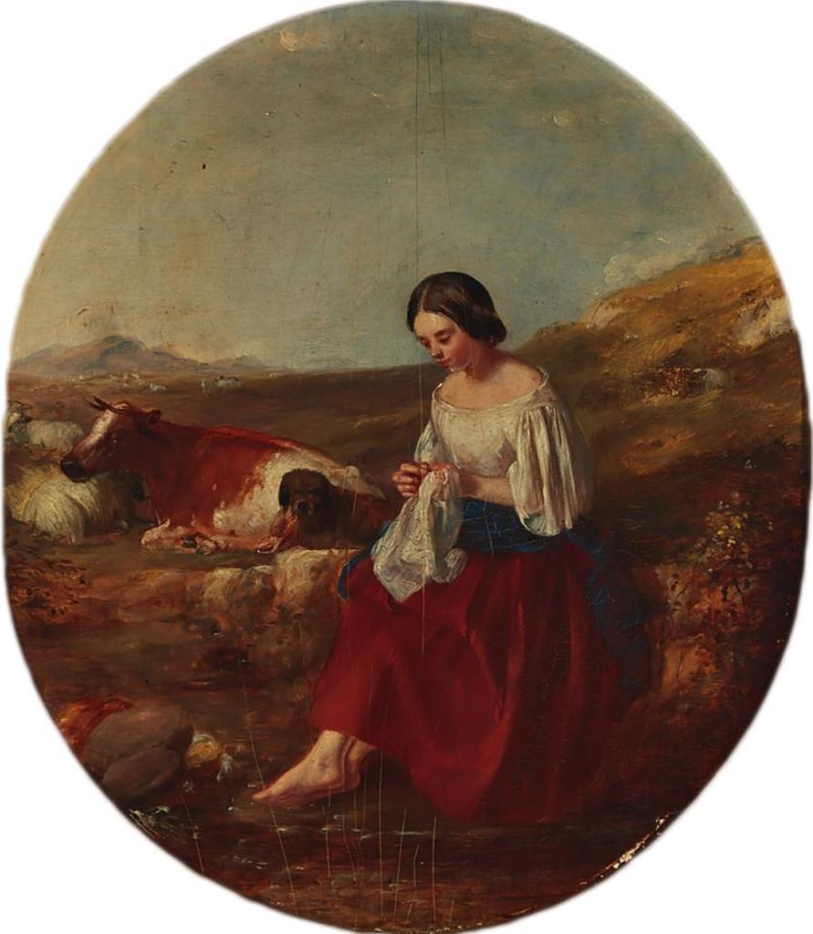 British Victorian - Young Shepherdess And Her Dog Minding Her Flock