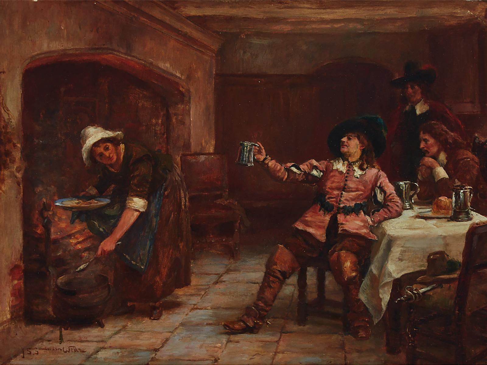 John Sanderson Sanderson-Wells (1872-1955) - Cavaliers Flirting With The Cook In A Cellar Tavern