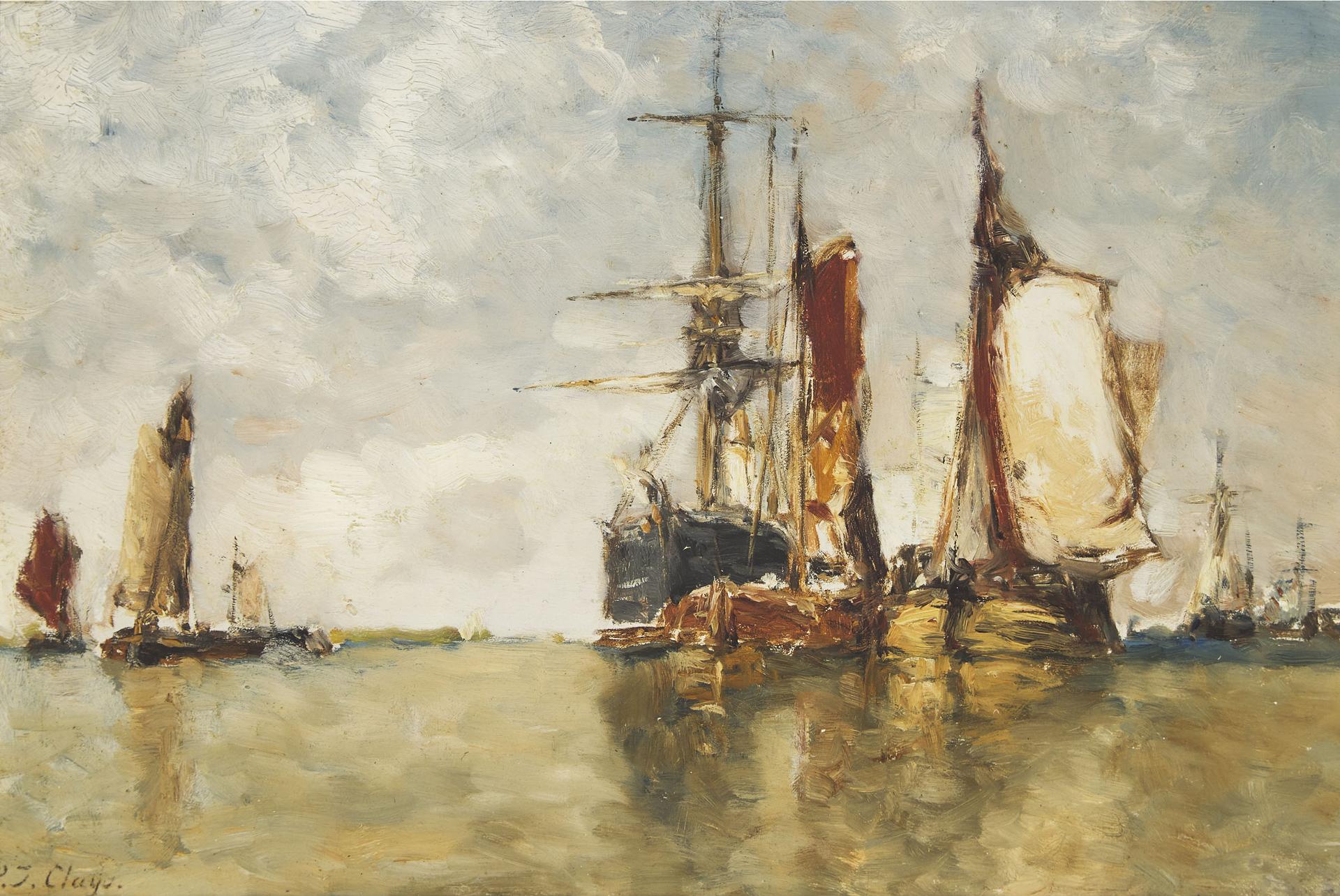 Paul Jean Clays (1819-1900) - Sailing Vessels At Anchor