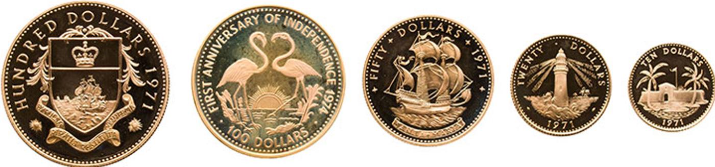 Bahamas - Four-coin Gold Proof Set 1971 and 100 Dollars Gold 