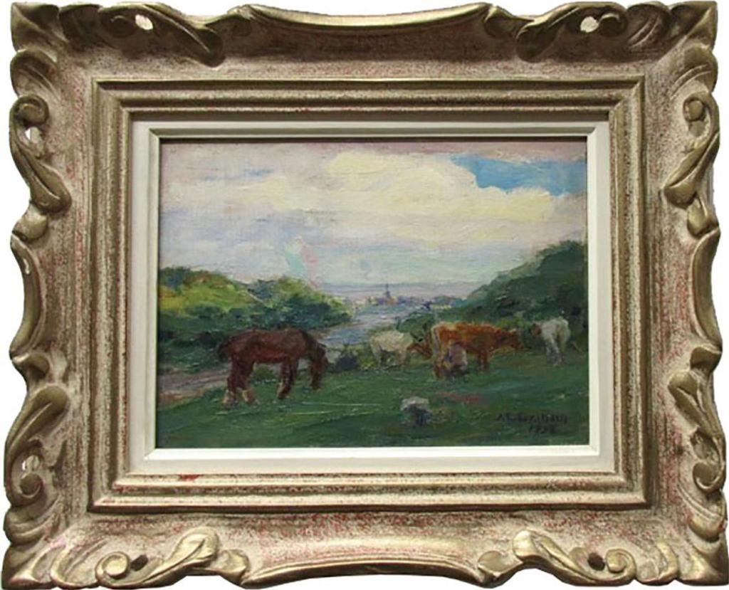 James Lillie Graham (1873-1970) - Horse And Cattle Grazing And Farmer Milking Cow