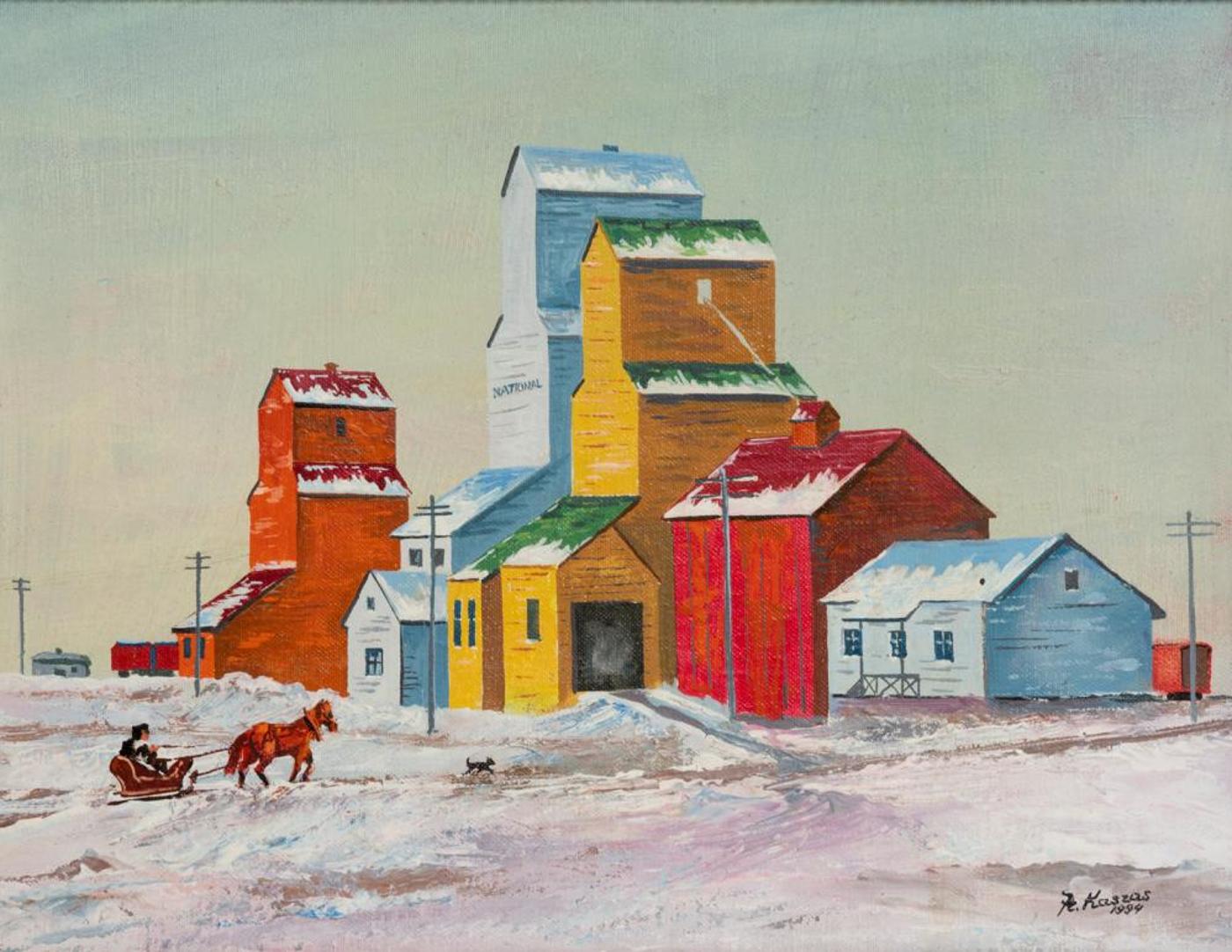 Frank Kaszas (1918-2005) - Sledding Past the Grain Elevators