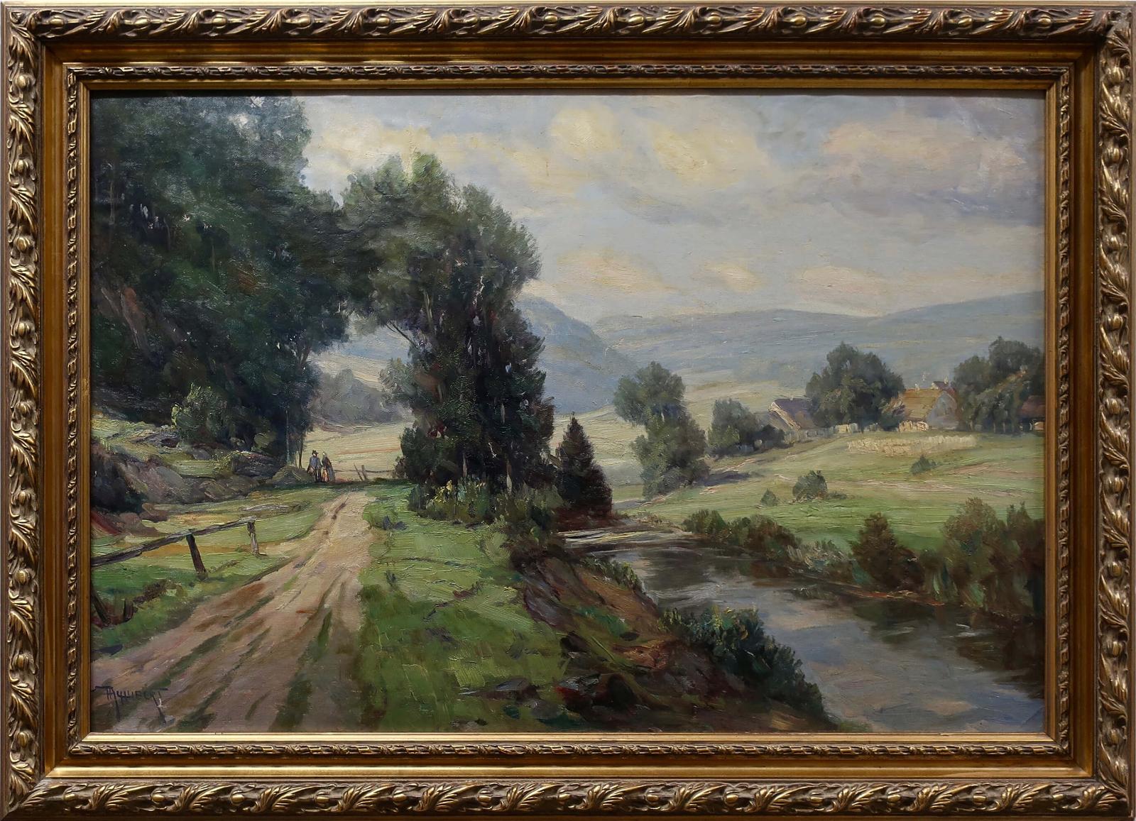 F.A. Hubert - Couple On Roadway By Winding River