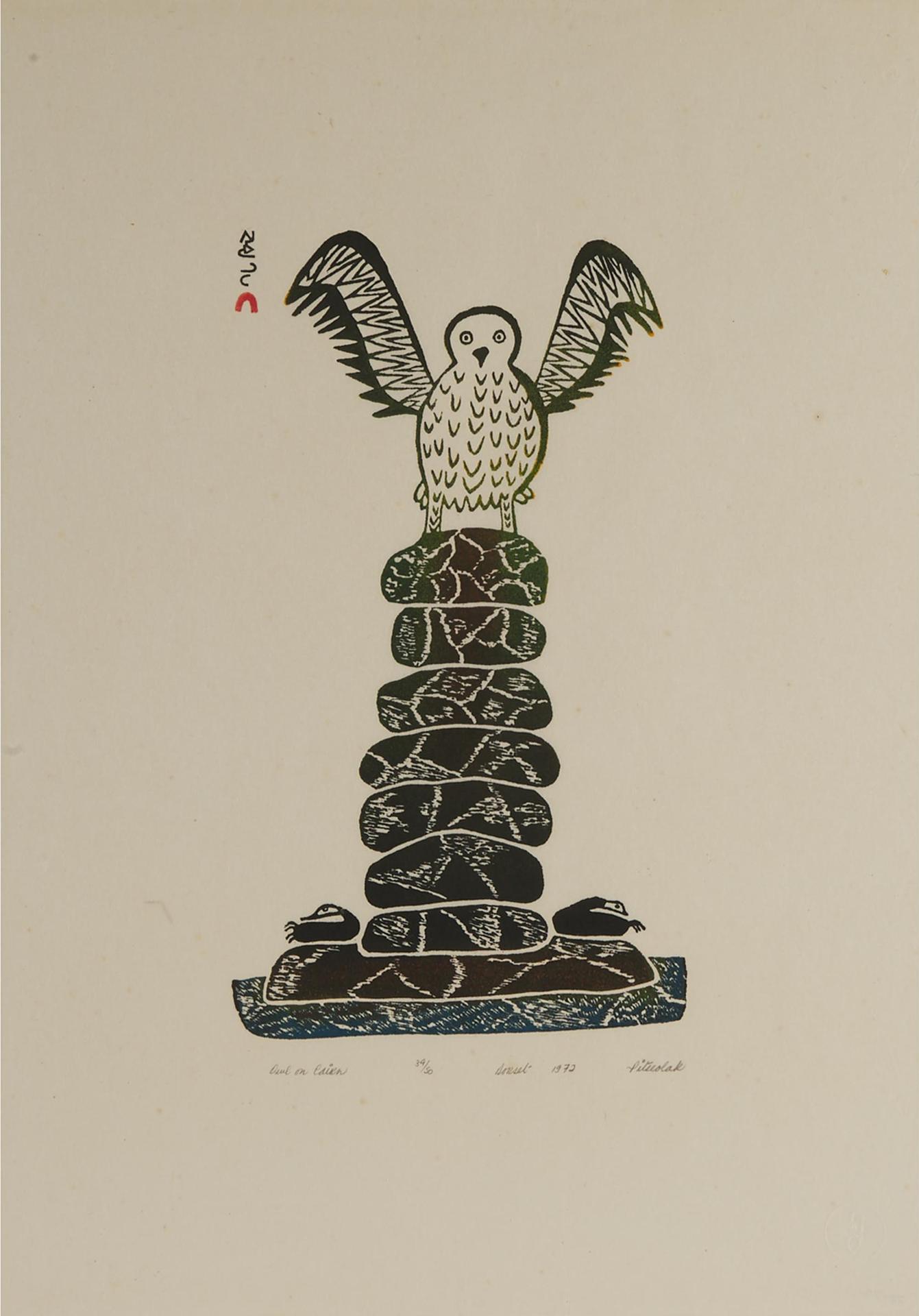 Pitseolak Ashoona (1904-1983) - Owl On Cairn