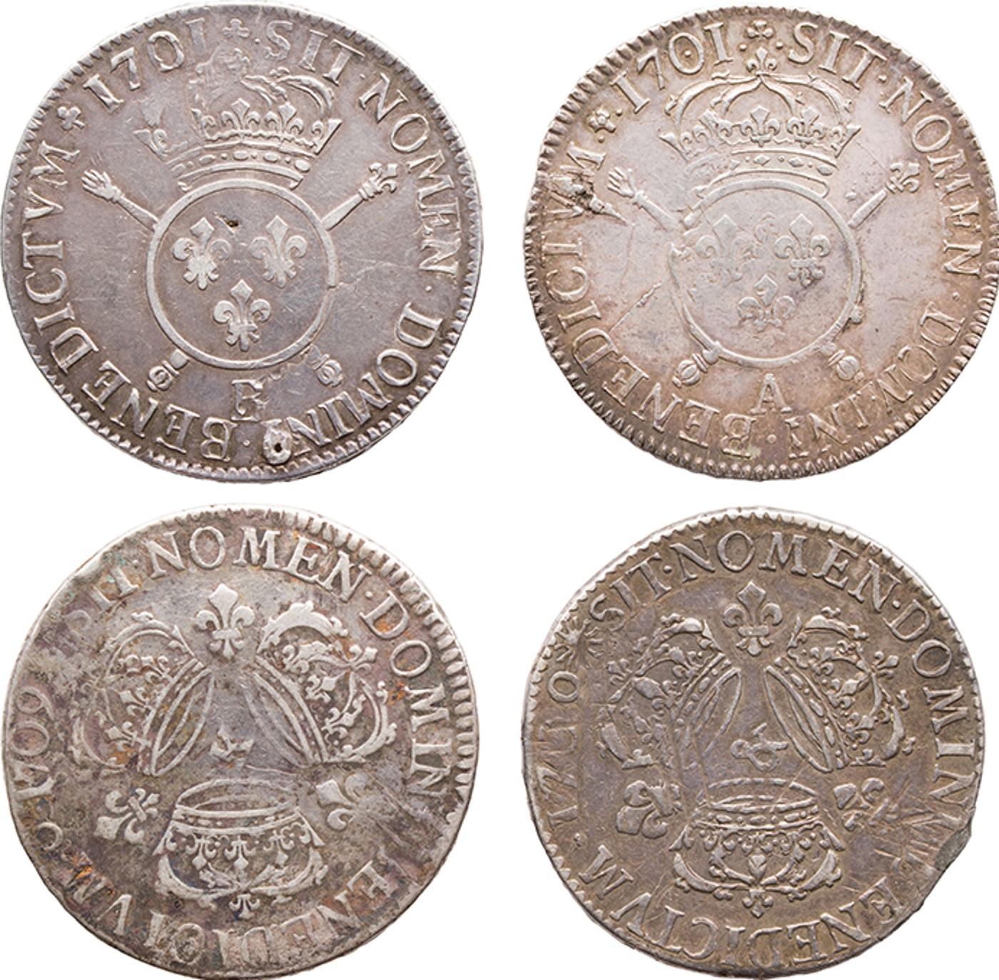 France - Lot of Four Louis XIV Silver Ecus, Aix, Bordeaux, Paris and Rouen Mints