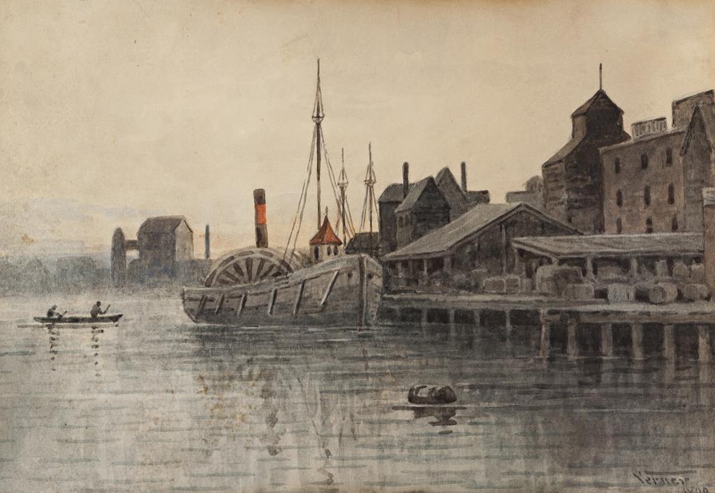 Frederick Arthur Verner (1836-1928) - Canoeists & Paddlewheel in Harbour