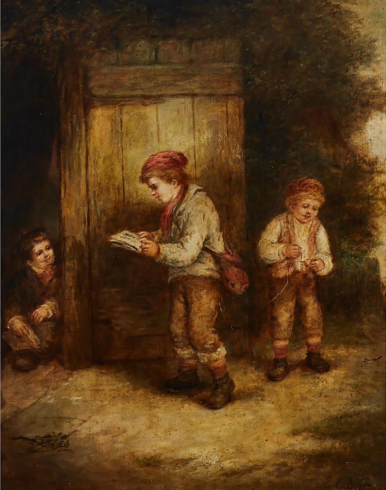 Mark Williams Langlois (1848-1924) - Three Boys Telling A Story Or Playing With A Spin Top