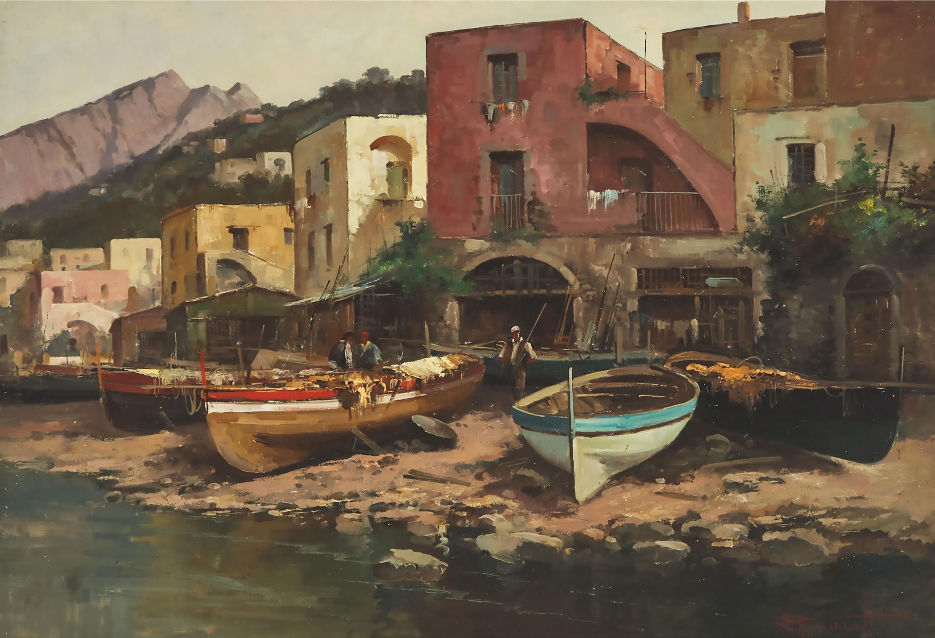 Ercole Magrotti - Boats On The Shore Of A Village