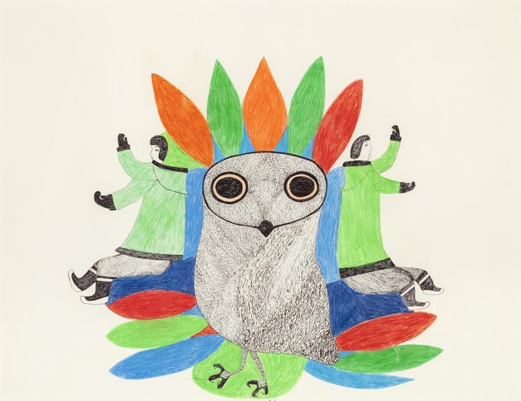 Lucy Qinnuayuak (1915-1982) - Untitled (Owl and People), c. 1975, ink and coloured pencil drawing