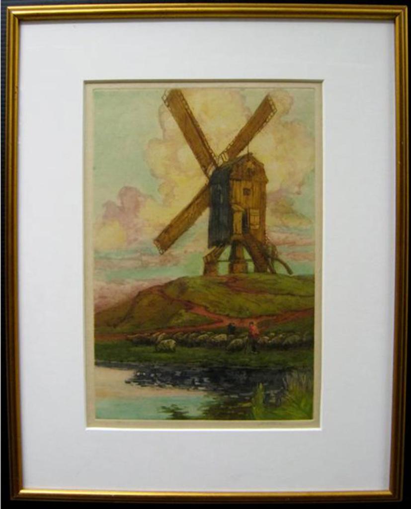 John Wesley Cotton (1869-1931) - Shepherd &  Flock By Windmill