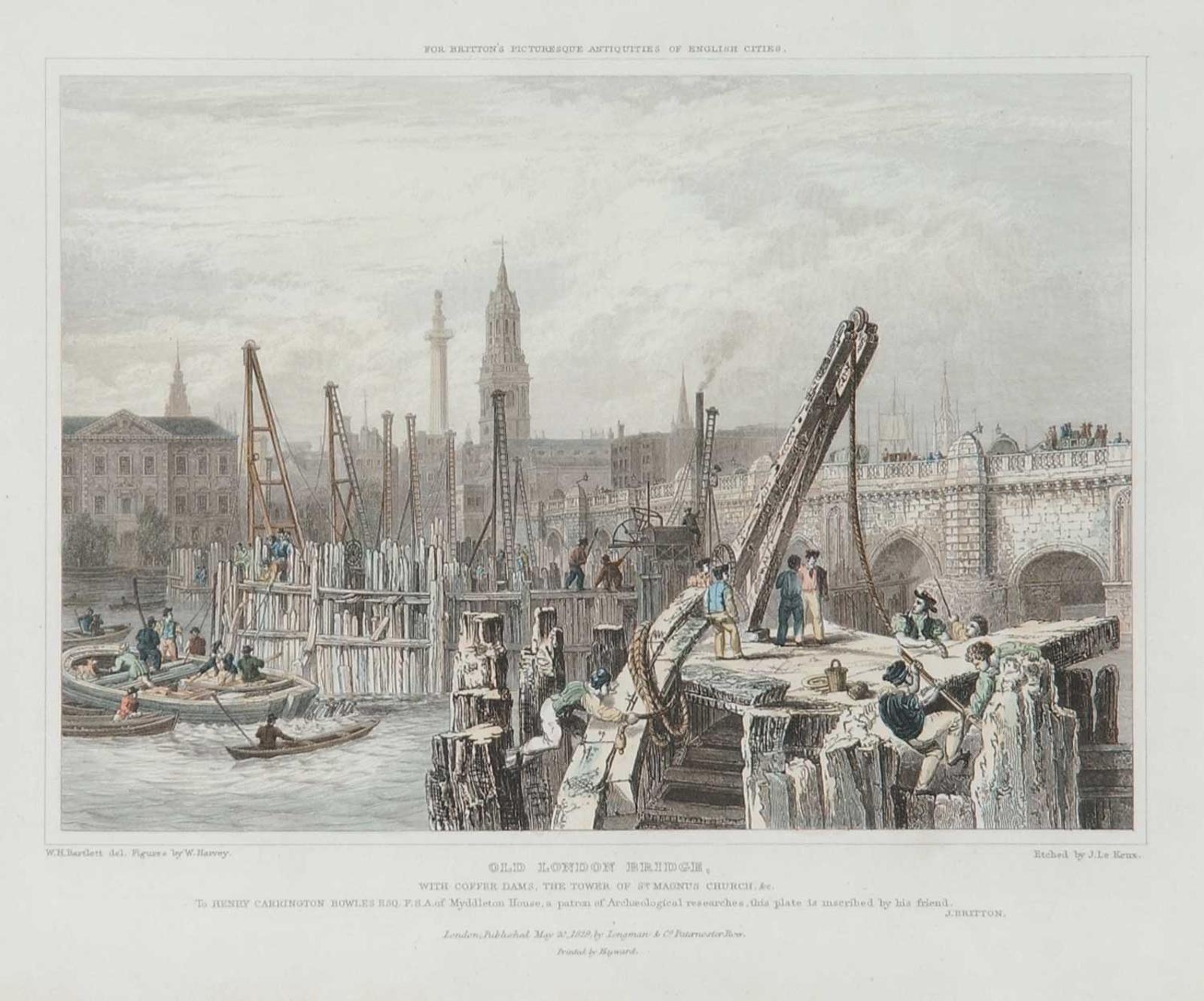 William Henry Bartlett (1809-1854) - Old London Bridge, with Coffer Dams, The Tower of St. Magnus Church