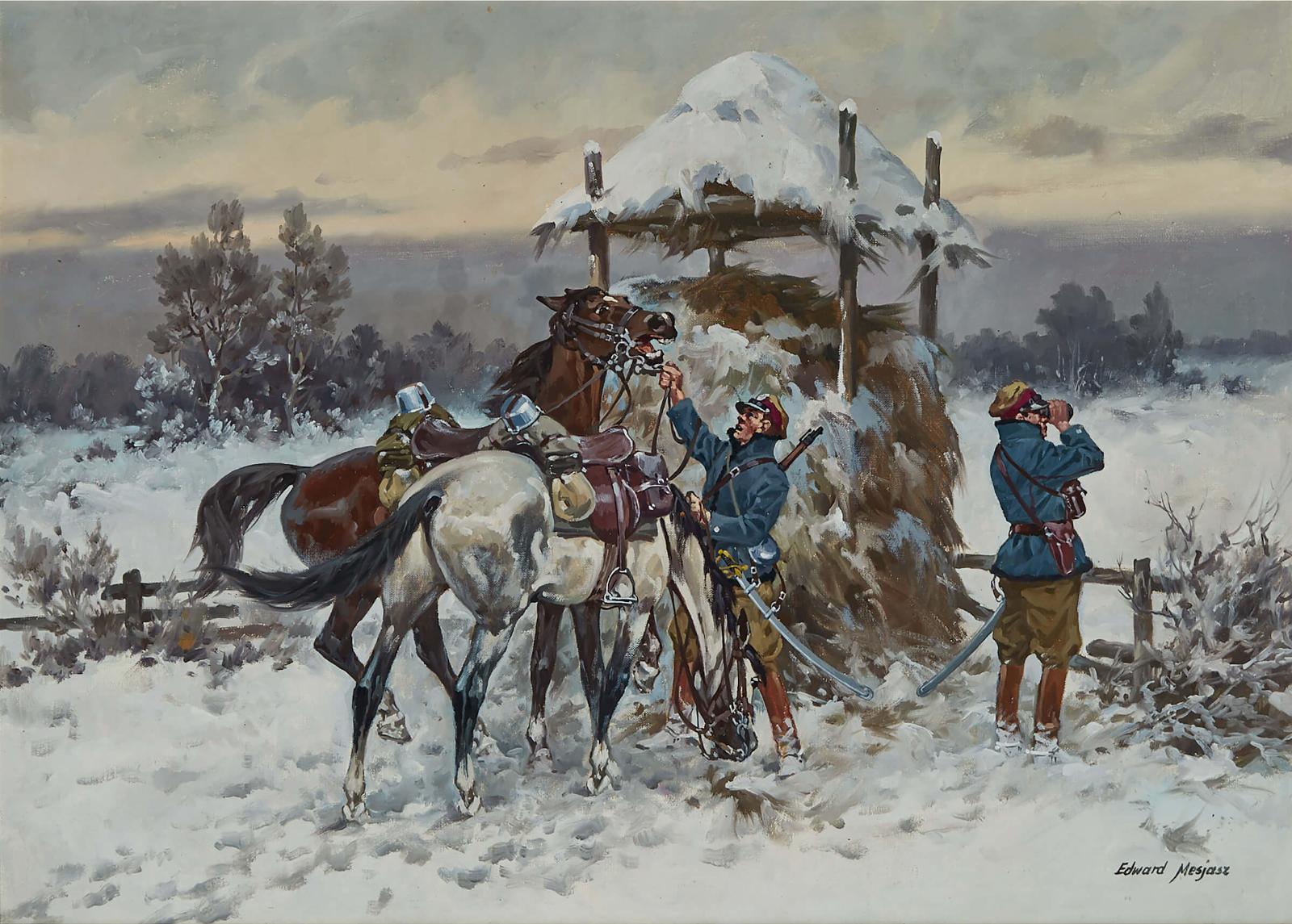 Edward Mesjasz (1929-2007) - Winter Patrol (Two Polish Officers And Their Horses In Snow)